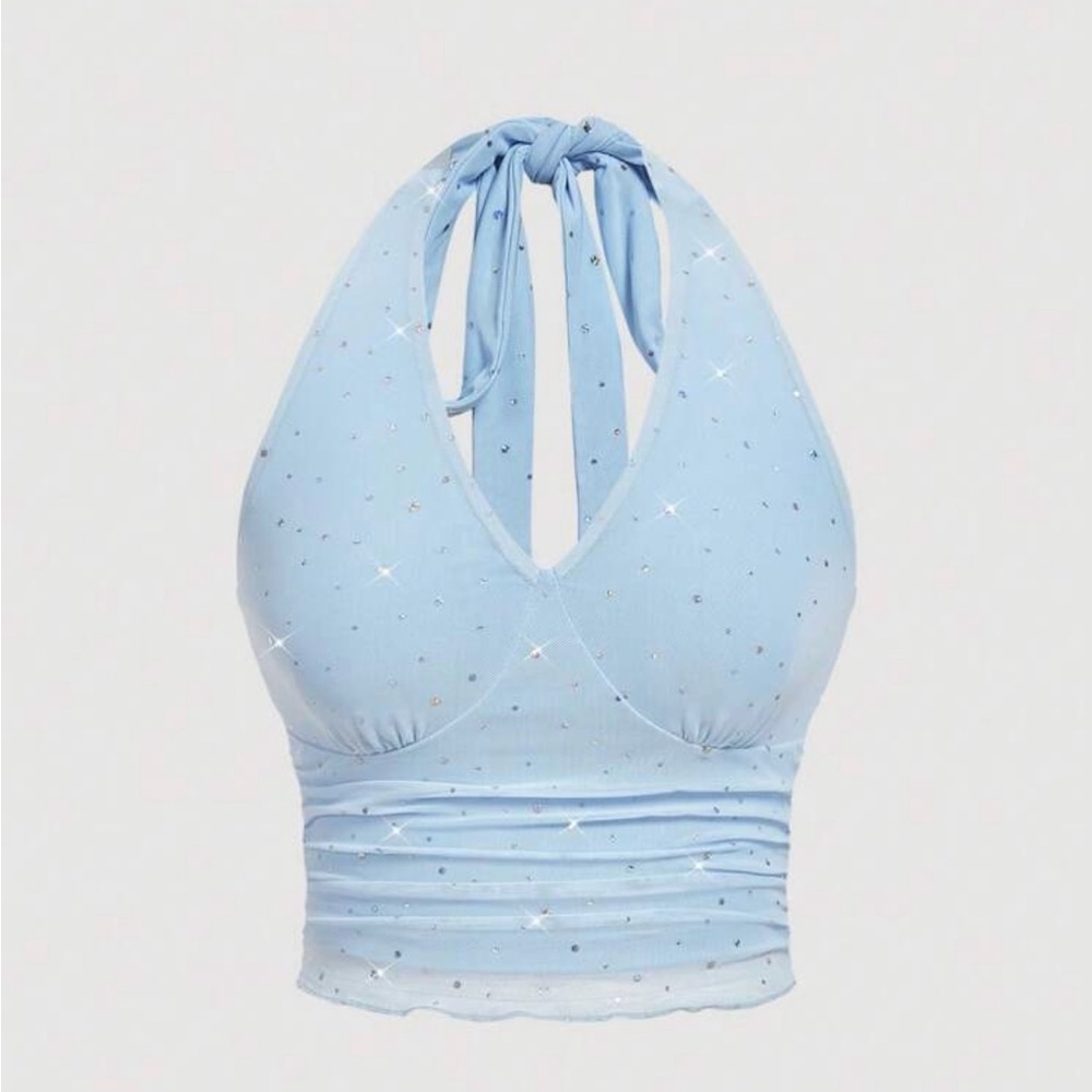 SHEIN Blue Ruched Tie Front Crop Tank Top